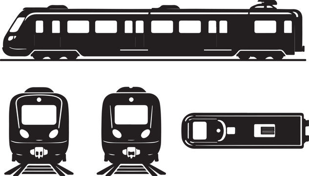 Modern Electric Commuter Train Vector Silhouette Icon Set: Multiple Views (Side, Front, Top) of Urban Subway and Light Rail Transit for High-Speed Public Transportation Graphics