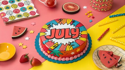 Bold pop-art birthday scene, saturated colors, graphic cake design, &ldquo;JULY&rdquo; written in chunky bold typography, high contrast lighting