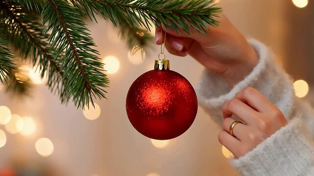 Person hanging red Christmas ornament on tree