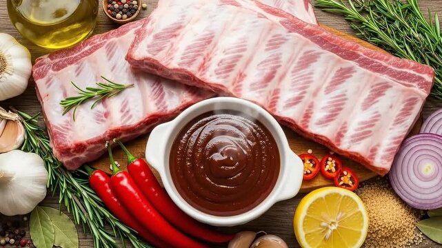 Closeup pork ribs marinating process with aromatic herbs and spices