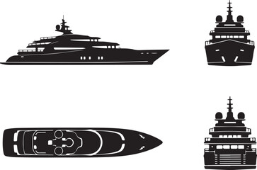Luxury Superyacht Silhouette Vector Set: Detailed Black Icons for Front, Side, and Top Views. Perfect for Nautical Design, Travel Brochures, and Marine Industry Branding.