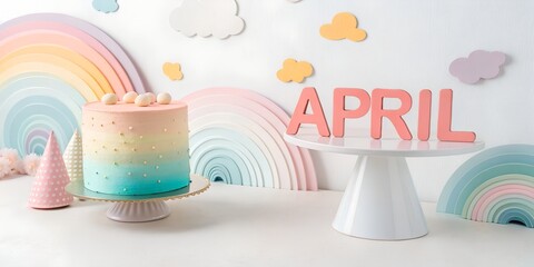 Playful artistic birthday scene, pastel gradient cake, abstract shapes, &ldquo;APRIL&rdquo; written in bold playful typography, modern design, bright soft light