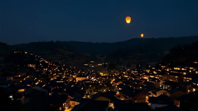Sky lanterns flying over glowing mountain village at night