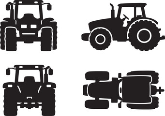 Modern Agricultural Tractor Silhouette Vector Set: Collection of Farming Vehicle Icons including Front, Side, and Top View Templates for Machinery, Equipment, and Heavy Transport Design Elements.
