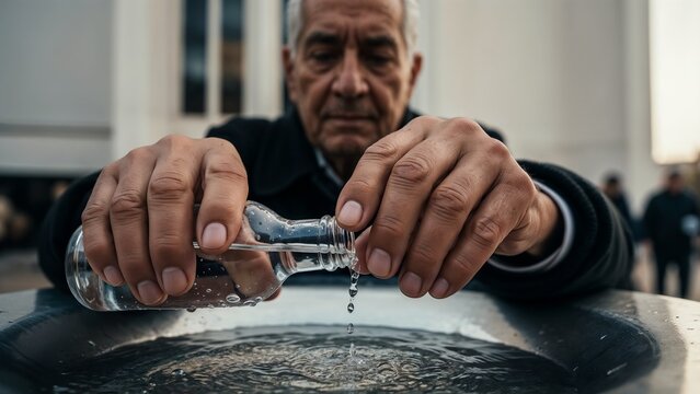 Senior man pours holy water from a font into a bottle. Christian religious ritual for the Epiphany celebration. Orthodox faith and tradition concept