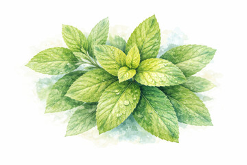 Watercolor illustration of fresh green mint leaves with water droplets
