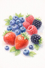 Watercolor illustration of fresh red strawberries ripe blueberries pink raspberries and dark blackberries