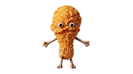 Funny fried chicken drumstick character with eyes and bone limbs standing, cut out, stock png, isolated on transparent background