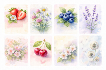 Watercolor illustrations of strawberries blueberries lavender cherries and dandelions strawberry