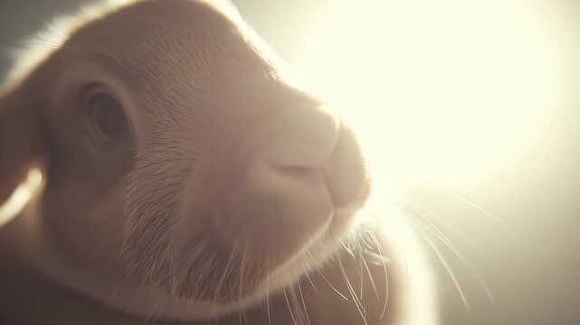 Rising right light causing pale rabbit head tilting toward studio, revealing nose and whiskers