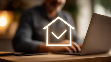 Real estate business market, house home building purchase sale. A person intently focused on a laptop with a house icon and a check mark on the screen, indicating a home inspection.