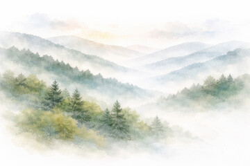 Watercolor misty mountain range with evergreen forest and soft sky