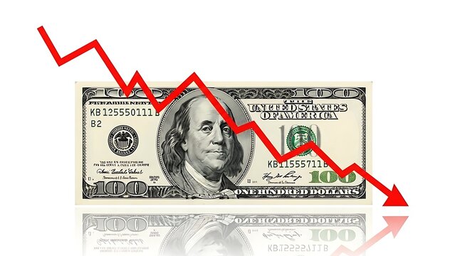 Red downward arrows over a hundred dollar bill indicating financial decline US currency Benjamin Franklin - Powered by Adobe