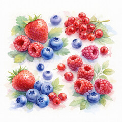 Watercolor painting of assorted fresh red raspberries blueberries and strawberries with green leaves