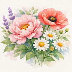 Watercolor painting of pink peony red poppy white daisies and lavender sprigs