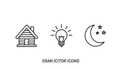 Home and light icons: log cabin, lightbulb for idea, and crescent moon with stars for nighttime