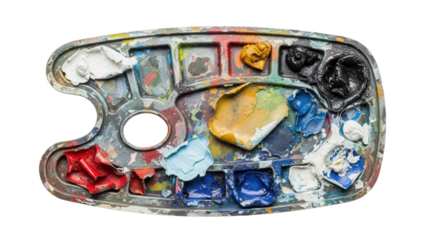 An old artist's palette with dried colorful paints, cut out, stock png, isolated on transparent background