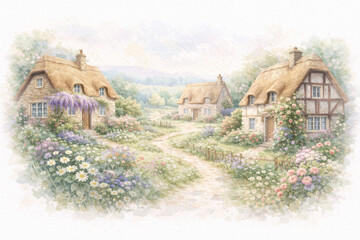 Watercolor painting of three thatched roof cottages in a blooming garden landscape