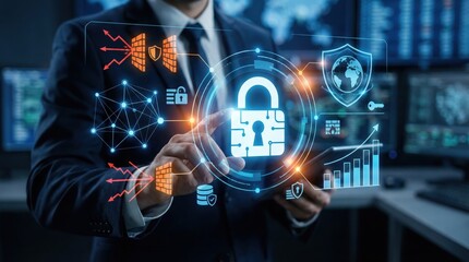 Cybersecurity concept with businessman interacting with futuristic digital lock interface,data protection symbols,network security icons,and firewall technology visuals