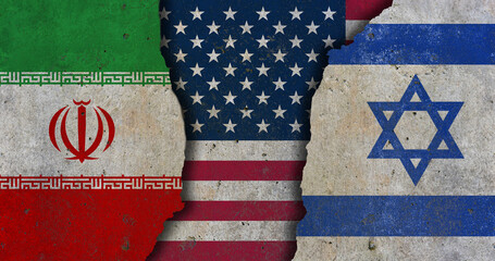 Iran, United States and Israel geopolitical conflict concept with cracked flags