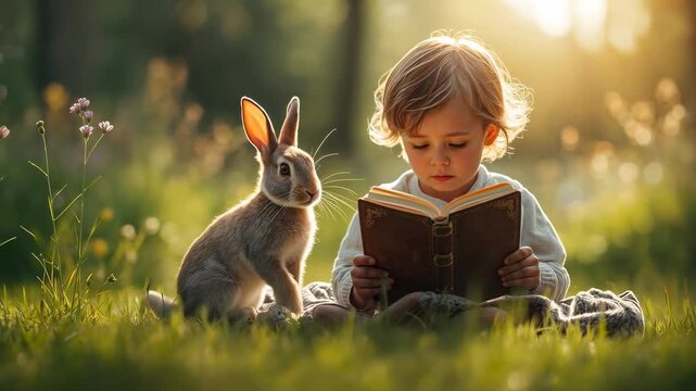 Reading preschooler in light shirt with open hardback book on rug in meadow, rabbit sharing moment