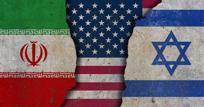 Iran, United States and Israel geopolitical conflict concept with cracked flags