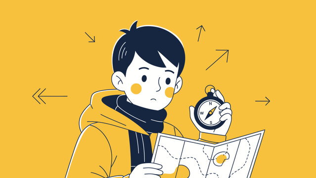 Boy Seeker Navigating With Map And Compass On Adventure Trip Illustration