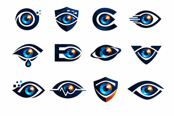 A set of stylized eye icons in a modern, technological style with dominant blue + orange/gold accents: eye silhouettes with integrated letters, geometry, shields, parts, waves, or other elements.