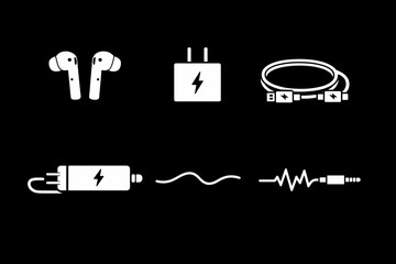 A minimalist black-and-white set of icons (silhouettes) entirely dedicated to the theme of charging, batteries, cables, and wireless headphones (charging & audio accessories). 