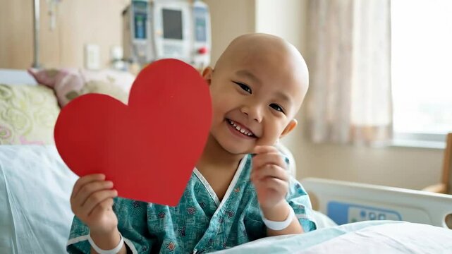 Bald Child asian patient with bald head holding red heart card in hospital bed. Oncology pediatric patient with cancer for compassionate care, recovery for Valentine's Day or childhood cancer.
