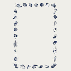 Tropical vector underwater style frame of seashells and corals collection Isolated on white background. Border for interior design, prints, fabric or background.