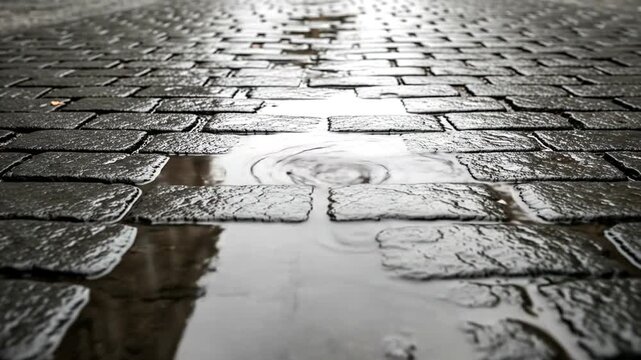 Raindrops creating ripples in a puddle on a wet cobblestone street.