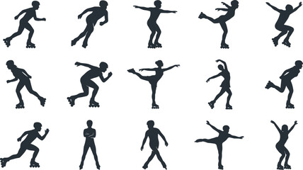 Set of dynamic black vector silhouettes of men and women roller skating in various athletic and artistic poses for sports design, recreation and competition concepts © Anu's World
