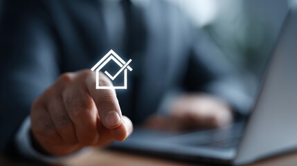 Real estate business market, house home building purchase sale. A person in a suit using a laptop with a house icon on the screen, indicating a real estate transaction. The persons hand is visible.