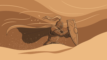 Brave Knight Rushing Across Arid Lands Prepared For Confrontation And Adventures