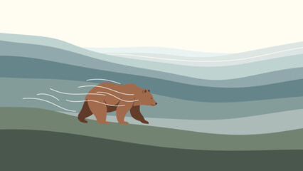 Brown Bear Strolls Through Gradient Landscape Illustration For Wildlife Concepts