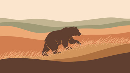 Brown Bear Walking Through Field With Hills In The Background Illustration