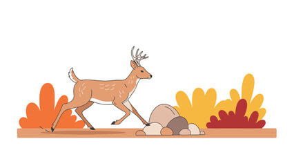 Buck Strolling Through The Autumn Meadow With Colorful Plants And Stones