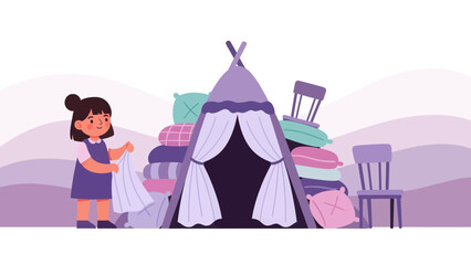 Building A Cozy Fortress: Young Girl Creating A Playful Tent From Pillows And Chairs