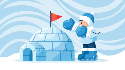 Building An Igloo In Winter Landscape With Flag On Top Is A Fun Activity