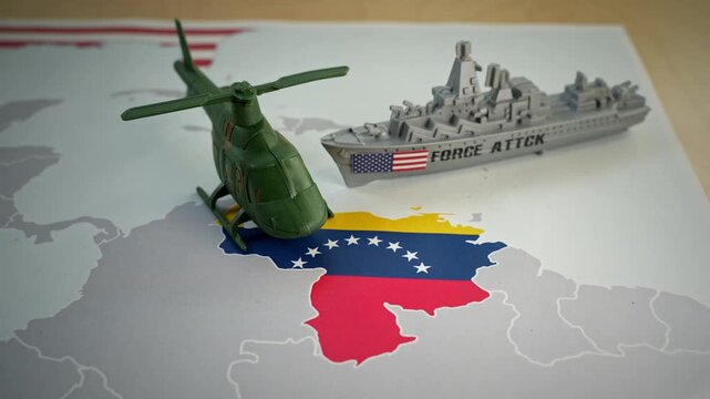 Plastic toys representing a US warship and a helicopter moving over a map of Venezuela, symbolizing the political crisis, sanctions, and military intervention between the two countries