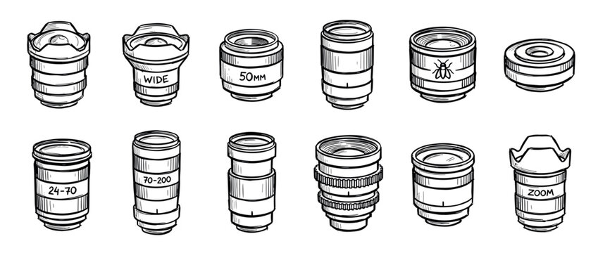 Set of hand-drawn camera lenses in a black and white doodle style, featuring various types like zoom, wide-angle, and prime for professional photography equipment