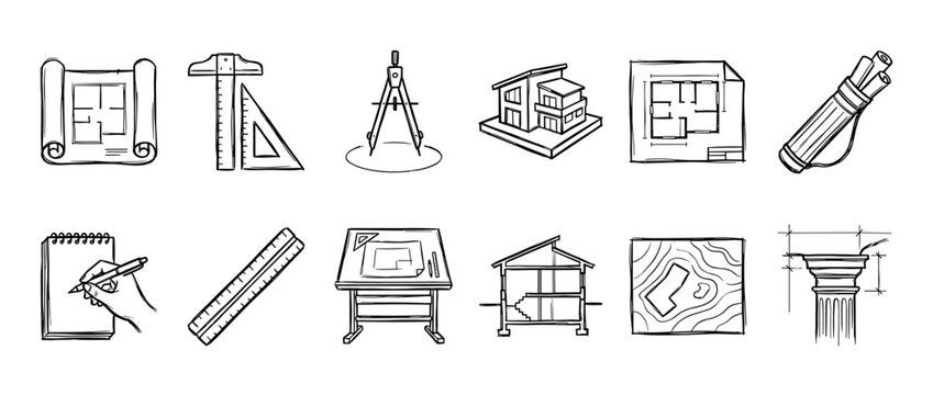 Collection of hand-drawn architecture icons featuring blueprints, drafting tools, house plans, and engineering symbols in a simple black and white sketch style illustration set