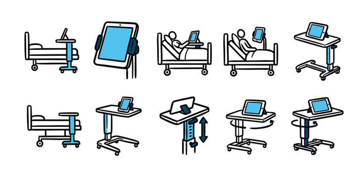 Hospital overbed table and bed icon set showing a patient using a tablet, a collection of adjustable medical furniture illustrations in a simple black and blue line art style