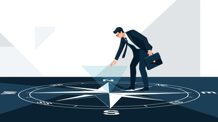 Businessman Navigating Direction With a Compass Rose Seeking Future Opportunities