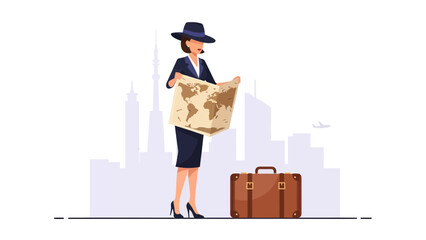 Businesswoman Planning Vacation With a World Map Against City Skyline Backdrop