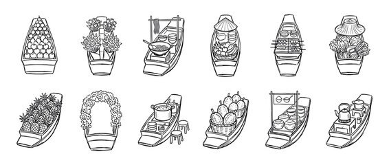 Collection of hand-drawn floating market boats selling various goods like fruit, food, and flowers in a simple black and white line art illustration style, representing Asian culture