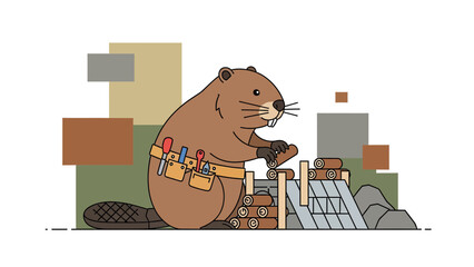 Busy Beaver Building A Dam Illustration For Construction Or Nature Themes