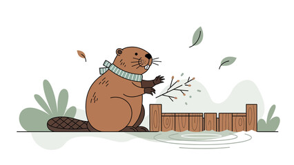 Busy Beaver Building Dam In Pond With Nature For Wildlife Illustration