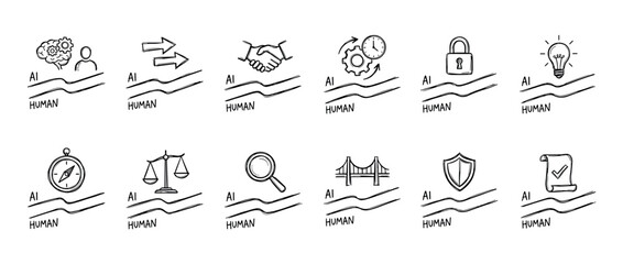 Fototapeta premium Set of hand-drawn doodle icons comparing artificial intelligence and human capabilities in areas like ethics, security, creativity, efficiency, and collaboration